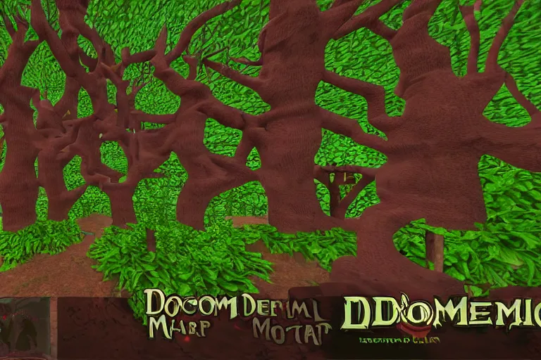 Prompt: screenshot of the starting area of the doom map'forest of dark delight'