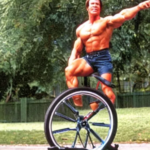 Prompt: a photo of arnold schwarzenegger riding a unicycle