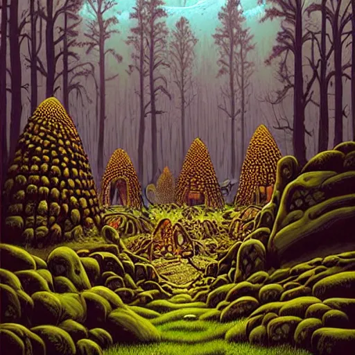 Prompt: an ancient druidic village in the woods, painting by jeffrey smith