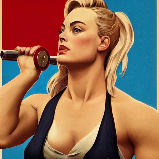 Image similar to socialist realism propaganda poster of margot robbie as beautiful female very muscular weightlifter from overwatch, portrait, profile picture, socialist realism, highly detailed, intricate, digital painting, artstation, sharp focus, illustration, art by jakub rozalski, greg rutkowski, artgerm, tan zi and ayanamikodon and alphonse mucha and wlop