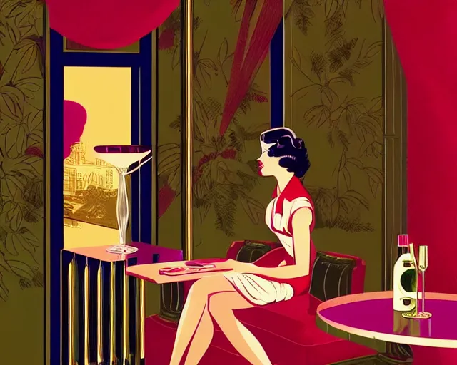 Image similar to 1 9 4 0 s teenager in art deco style, champagne commercial, artstation, illustration, bright, cheerful, detailed and intricate environment