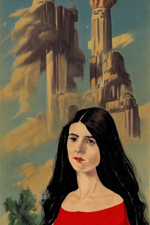 Image similar to young woman with long dark hair, serious look, peasant dress, soviet propaganda art