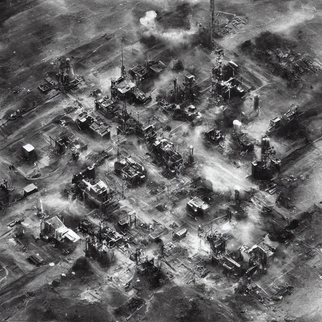 Image similar to An aerial view of a machine to terraform the Earth with smoke, pipes, oil spill and computers after destruction in the style of Robert Doisneau