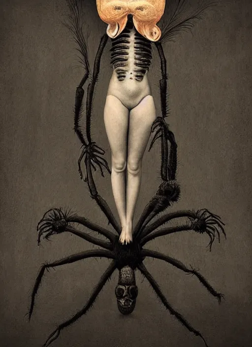 Prompt: surreal portrait of a creature with the body of a 1950's school-girl and whose head is a tarantula, inspired by Mark Ryden and Marion Peck, hints of Cronenberg