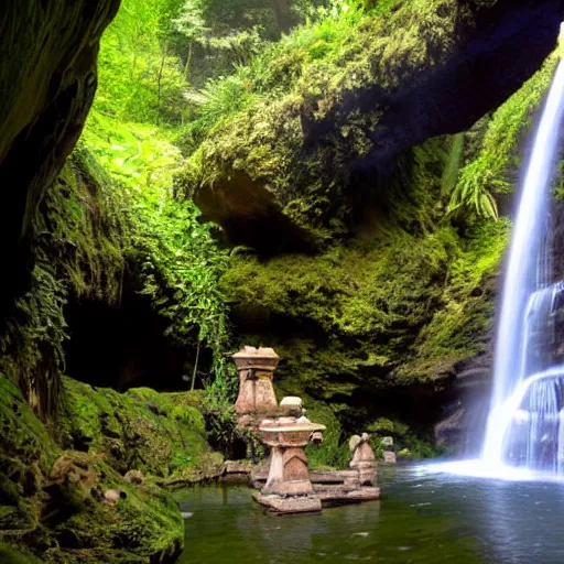 Image similar to ancient temple,plants and waterfalls in the interior of a cave