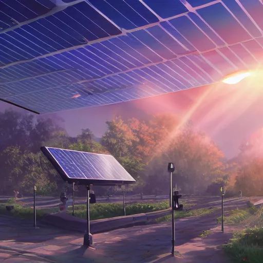 Prompt: a large solar panel charging station, complicated, intricate, elegant, fantasy, highly detailed, digital painting, concept art, sharp focus, illustration, beautiful volumetric lighting, epic light, artstation, magic hour lighting, colorful, sunshine, springtime, art by Sylvain Sarrailh