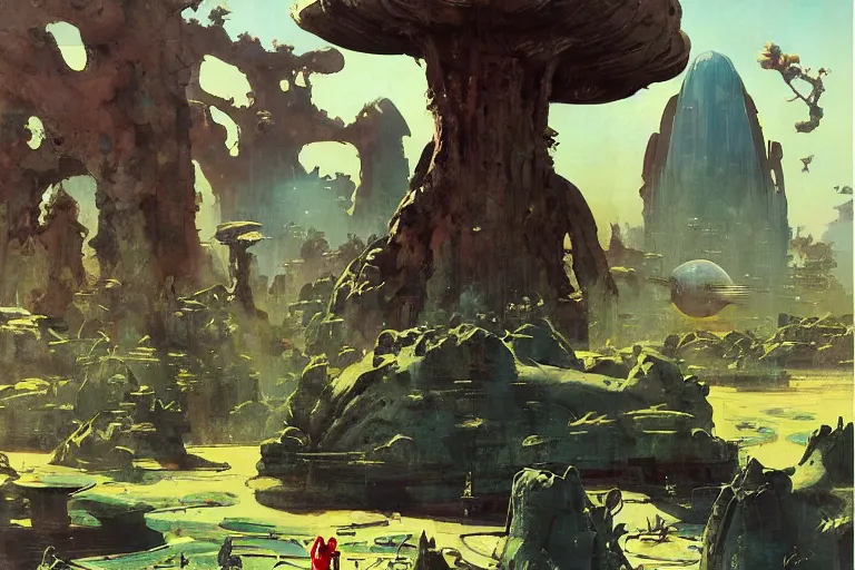 Prompt: 5 0 s pulp scifi illustration, space woman meets big science fiction alien martian in beautiful landscape, pond, baobab trees, distant mountains, painted by norman rockwell, jack kirby, john berkey, bergey, craig mullins, ruan jia, raymond swanland, jeremy mann, beksinski, tom lovell, alex malveda, schomburg