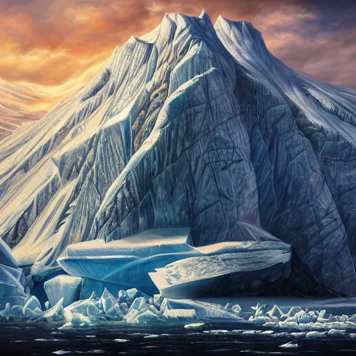 Image similar to epitome mysteries of Antarctica glacial cult mountain god, realistic fantasy, oil painting, extremely high detail, photorealistic, cinematic lighting, oil painting, intricate line drawings, 4k resolution