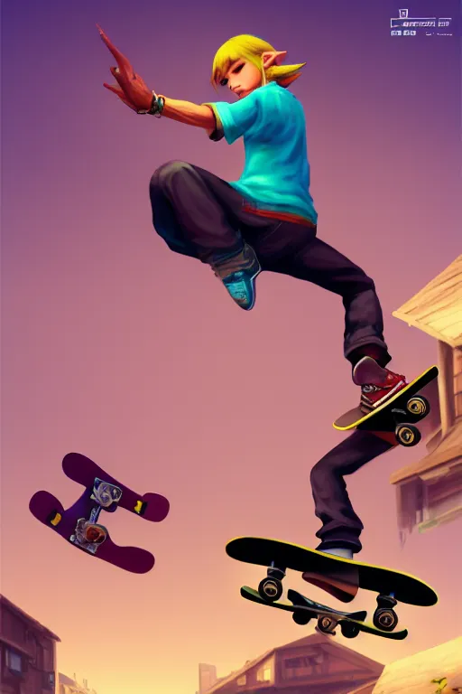 Image similar to skateboarder in attic. final fantasy style art, zelda style art, gta vice city style art, pop art, aesthetic art, stylish, elegant, dynamic lighting, artstation trending, concept art, octane, smooth, 1 6 k, beautiful, highly details, sharp focus, intricate, octane rendered, dall e 2 rendered