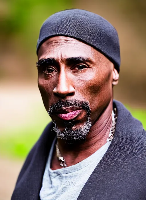 Image similar to dslr photo portrait still of 5 0 year old age 5 0 tupac at age 5 0!!!, 8 5 mm f 1. 8