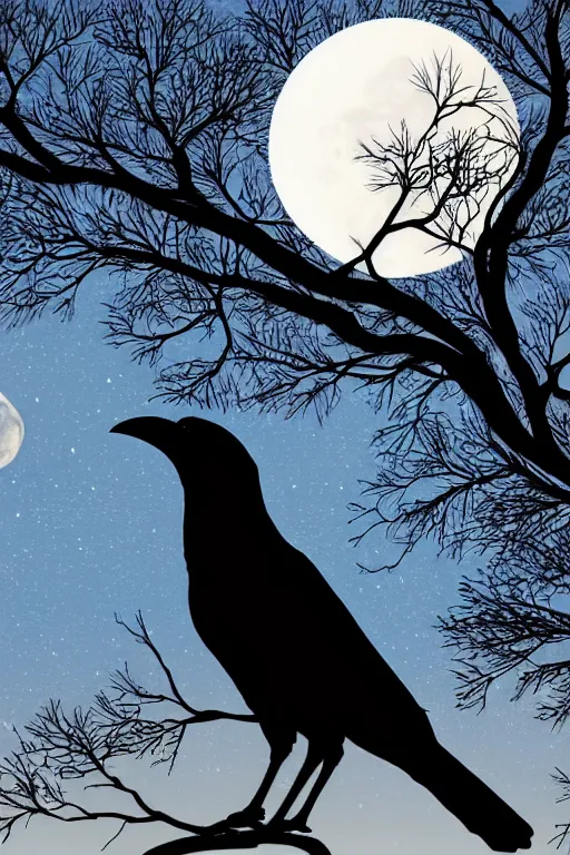 Image similar to close up portrait of a crow on a tree in front of the full big moon, vector graphic, clear lines, intricate, portrait, 8k highly professionally detailed, HDR, CGsociety