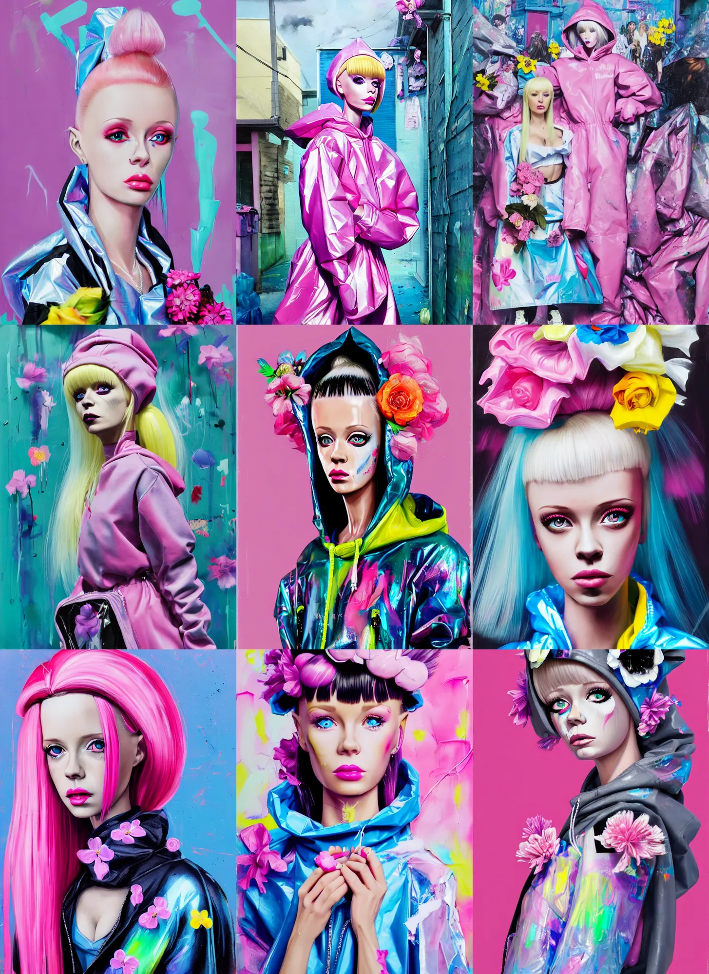 Prompt: still from music video of barbie from die antwoord standing in a township street, wearing a trashbag hoodie garbage bag and flowers, street fashion, full figure portrait painting by martine johanna, ilya kuvshinov, rossdraws, pastel color palette, shiny plastic, spraypaint, detailed impasto brushwork, impressionistic, gene tierney