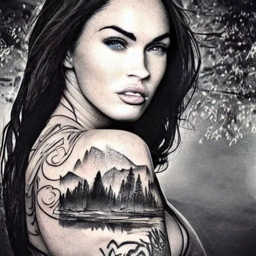 Image similar to megan fox beautiful mountains, double exposure effect, medium sized tattoo sketch, amazing detail, on pinterest