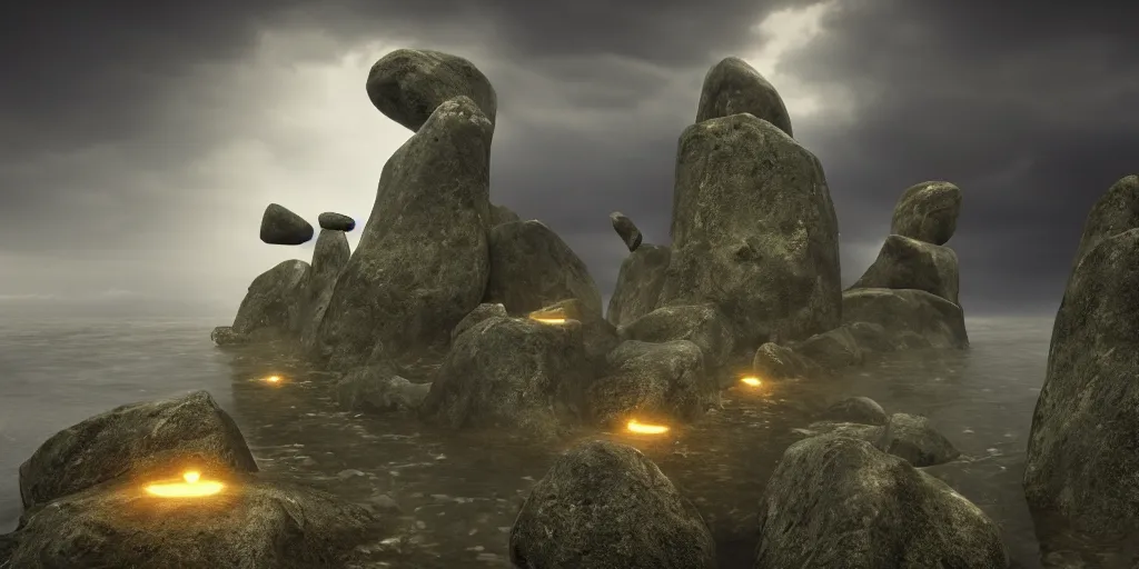 Prompt: photorealistic strange dark monks perform a ritual. magical symbols float above them. epic landscape with magically floating rocks, with ominous storm clouds, strange levitating stones, stones falling from the sky, a gentle rising mist. occult photorealism, uhd, amazing depth, glowing, golden ratio, 3 d octane cycle unreal engine 5, volumetric lighting, cinematic lighting, alphonse mucha