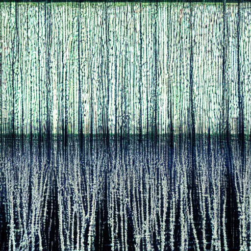 Image similar to Glitchy painting of a field with trees in it, vertical glitch lines, glitch art