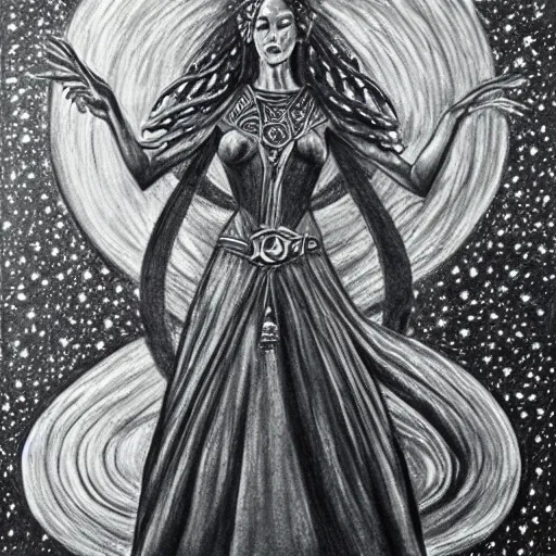 Prompt: charcoal diamond portrait of the Celtic moon queen, under starry night, realistic, extremely detailed