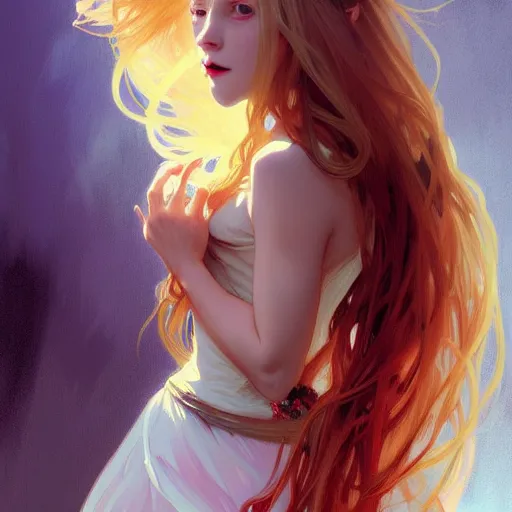 Image similar to portrait of a beautiful young fit girl vampire with long blonde hair and blue eyes feeding on her victim, wearing a skirt, by greg rutkowski and alphonse mucha, d & d character, gradient white to red, modern nocturnal background, highly detailed portrait, digital painting, artstation, concept art, smooth, sharp focus ilustration, artstation hq