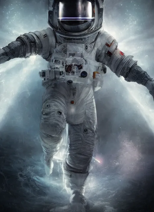 Image similar to concept art by craig mullins infrared complex and hyperdetailed technical astronaut dancing in futuristic dark and empty spaceship underwater. reflection and dispersion materials. rays and dispersion of light. volumetric light. 5 0 mm, f / 3 2. noise film photo. flash photography. unreal engine 4, octane render. interstellar movie art