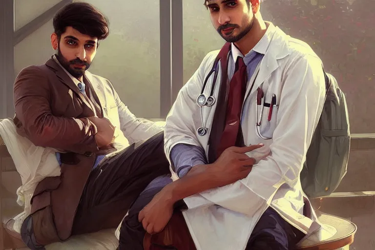 Image similar to Anxious good looking pale young Indian doctors wearing American clothes at the airport, portrait, elegant, intricate, digital painting, artstation, concept art, smooth, sharp focus, illustration, art by artgerm and greg rutkowski and alphonse mucha