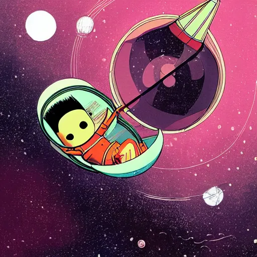 Prompt: baby groot lying on the floor in the space ship, by victo ngai
