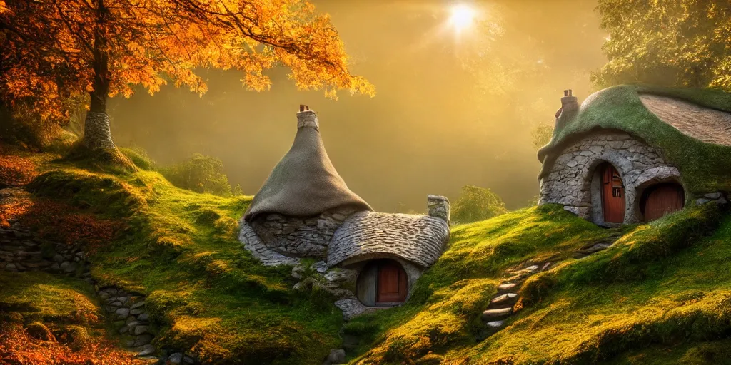 Prompt: a hobbit cottage on top of a steep hill, highly detailed, autumn sunlights, smoky atmosphere, ( ray of sunlight ), trending on artstation, photorealism, canon 5 d, 3 5 mm lens, sharp details, 8 k, ultra wide angle, zenith view, lens effect
