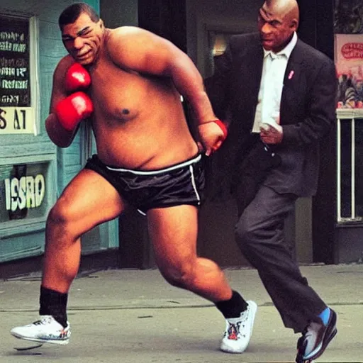 Image similar to mike tyson chasing an obese man through a street, hyper realistic, very realistic.