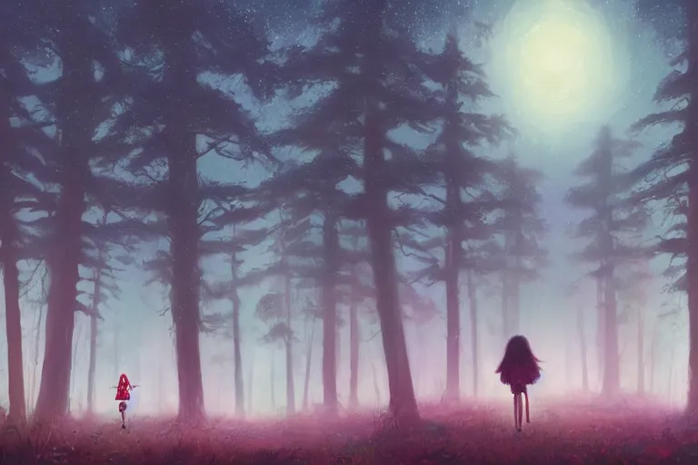 Image similar to giant daisy flower head, girl walking in a moonlit forest, hills, surreal photography, dark night, star trails, dramatic light, impressionist painting, clouds, digital painting, artstation, simon stalenhag