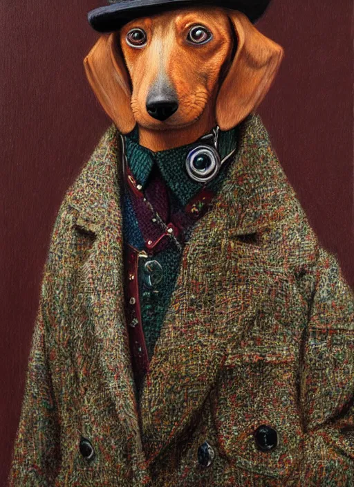 Prompt: dachshund with a raised highbrow, wearing a tweed jacket, wearing a monocle | highly detailed | very intricate | elaborate outfit | symmetrical | cinematic lighting | award - winning | closeup portrait | painted by donato giancola and mandy jurgens and charlie bowater | featured on artstation