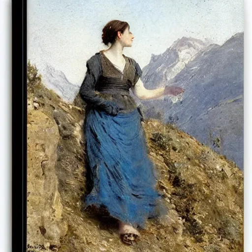 Image similar to a young woman climbing a mountain, by alfred stevens