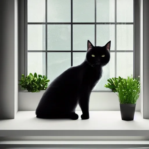 Prompt: peaceful dreamy painting of a content black cat sitting by a window, sunshine coming through the window, small plants on the window sill, 8k, highly detailed, trending on artstation, octane render