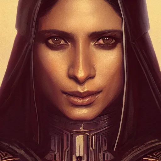 Image similar to darth alisaie leveilleur, freida pinto, art by artgerm and greg rutkowski and magali villeneuve, portrait, highly detailed, headshot, intricate, elegant, digital painting, trending on artstation, concept art, sharp focus, illustration