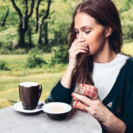 Image similar to mix between woman and bird, having a cup of coffee.