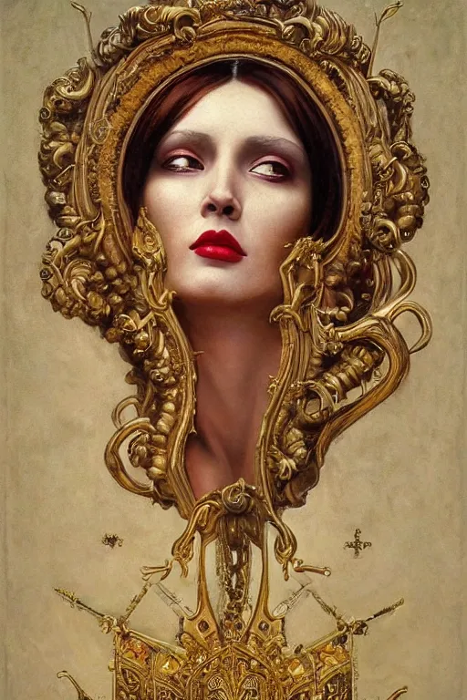 Prompt: hyper realistic painting portrait of the red lady of mystery, occult diagram, elaborate details, detailed face, intrincate ornaments, gold decoration, occult art, oil painting, art noveau, in the style of roberto ferri, gustav moreau, david kassan, bussiere, saturno butto - c 9