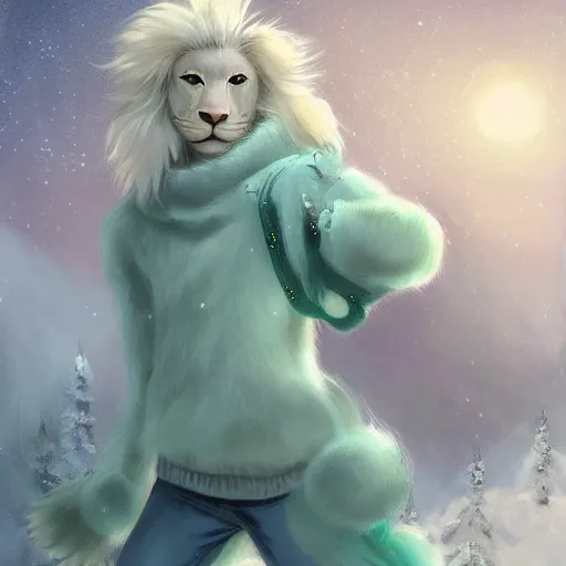 Image similar to aesthetic portrait commission of a albino male furry anthro lion wearing a cute mint colored cozy soft pastel winter outfit, winter Atmosphere. Character design by charlie bowater, ross tran, artgerm, and makoto shinkai, detailed, inked, western comic book art, 2021 award winning painting