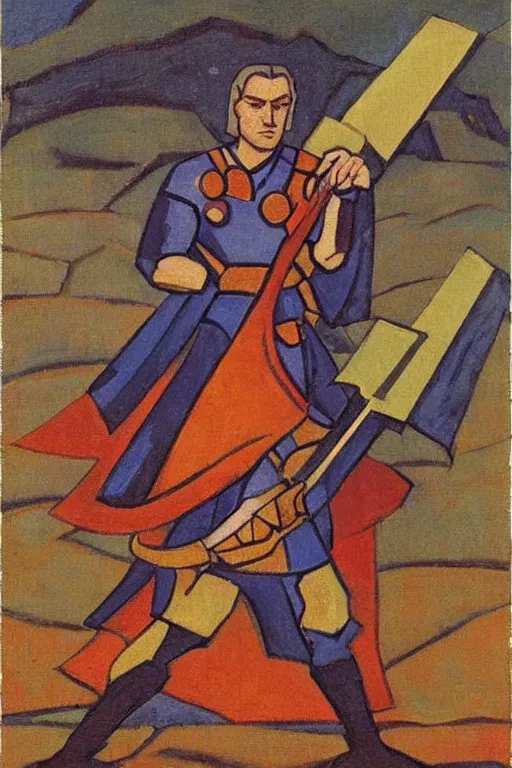 Image similar to thor with hammer, marvel, artwork by nicholas roerich,