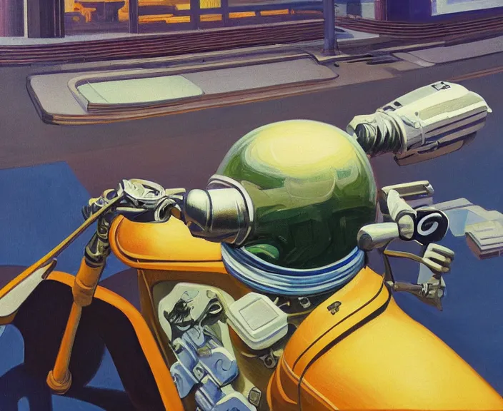 Image similar to a very detailed painting of a astronaut wearing a suit, riding a motorbike down a street, harley davidson motorbike, worm's - eye view, very fine brush strokes, very aesthetic, very futuristic, in the style of edward hopper and grant wood and syd mead, 4 k,