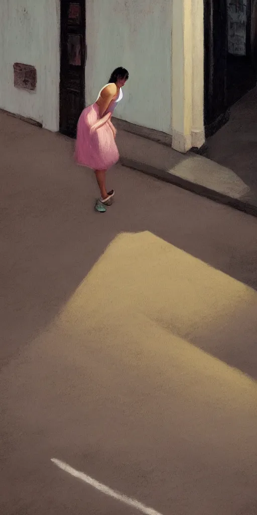 Prompt: a single person spaced - out in the streets of salvador, brazil, dimly lit, relaxed poses, pastel colors, artwork by edward hopper, close - up, interiors, leisure activities, close medium shot, strange vegetation, futuristic, people, cinematic lighting, atmospheric, andrei tarkovski, trending on artstation