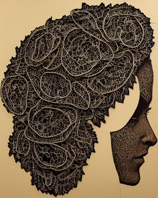Image similar to a woman's face in profile, made of intricate decorative lace leaves, in the style of casey weldon
