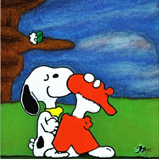 Prompt: snoopy and woodstock by dora carrington, oil pastels