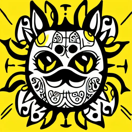 Image similar to tattoo sketch of a one eye cat hugging the sun, on a yellow paper, maori ornament, polinesian style, minimalism, vector