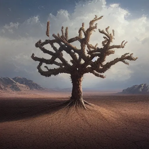 Prompt: a painting of a tree in the desert, an airbrush painting by breyten breytenbach, cgsociety, neo - primitivism, dystopian art, apocalypse landscape, greg rutkowski