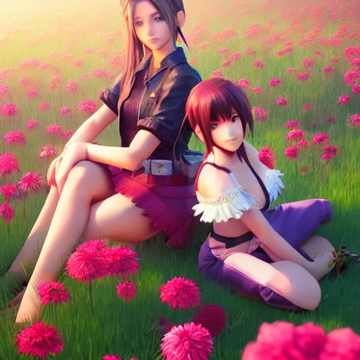 Prompt: aerith and yuffie from final fantasy 7 remake sitting in a flower field by ilya kuvshinov, rtx reflections, maya, extreme high intricate hyperrealistic details by wlop, digital art by ross tran, medium shot, composition by sana takeda, dramatic lighting by greg rutkowski