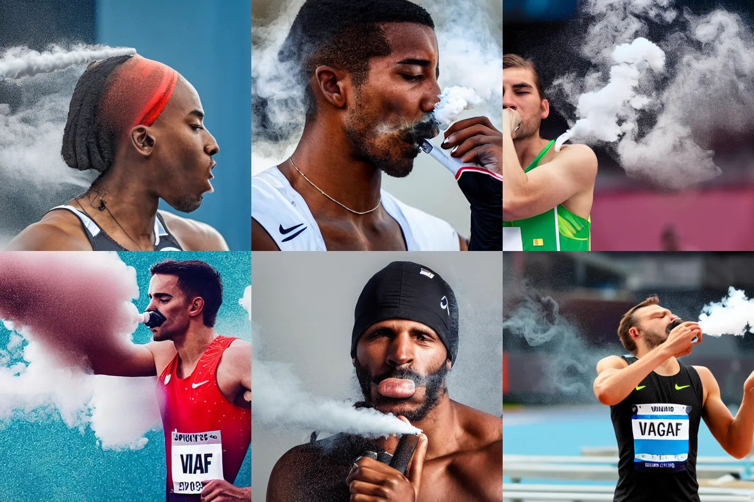 Prompt: half-length portrait of an athlete vaping and blowing a cloud of vape in IAAF World Championships