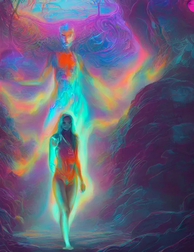 Prompt: A woman made of mist, in a colorful atmosphere, masterpiece digital painting by Alex Grey, Greg Rutkowski, 4k wallpaper