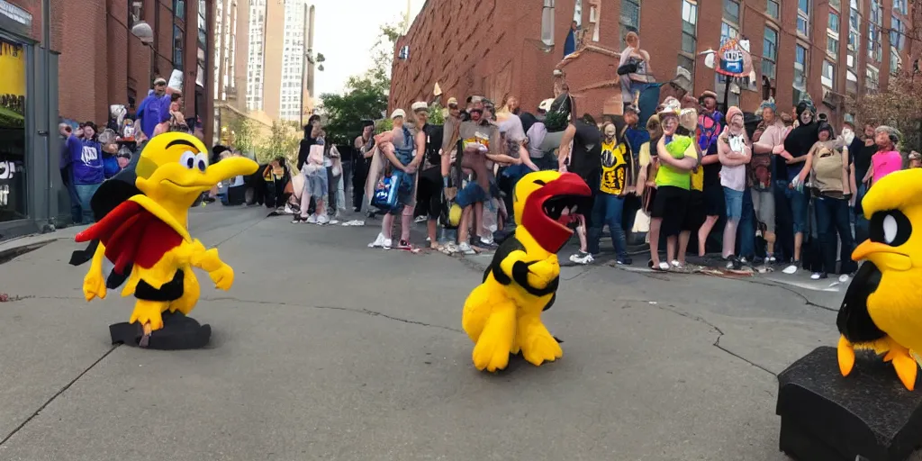 Prompt: herky the hawk at the stonewall uprising