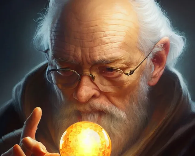 Image similar to old man holding a reflective orb, deep focus, d & d, fantasy, intricate, elegant, highly detailed, digital painting, artstation, concept art, matte, sharp focus, illustration, hearthstone, art by artgerm and greg rutkowski and alphonse mucha