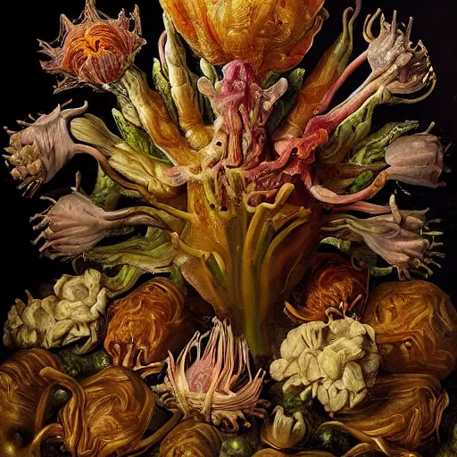 Prompt: disgusting disturbing dutch golden age bizarre mutant flower floral still life with many human toes realistic human toes blossoming everywhere insects very detailed fungus tumor disturbing tendrils bizarre slimy forms sprouting up everywhere by rachel ruysch christian rex van minnen black background chiaroscuro dramatic lighting perfect composition high definition 8 k 1 0 8 0 p