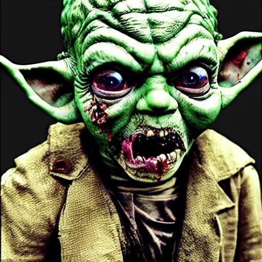 Image similar to zombie yoda as a zombified zombie in the walking dead, photograph, hyper realistic