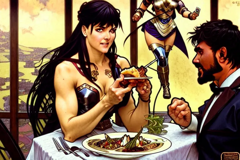 Image similar to xena warrior princess eating at a restaurant, with a hispanic man in a suit as her companion, art by artgerm and greg rutkowski and alphonse mucha