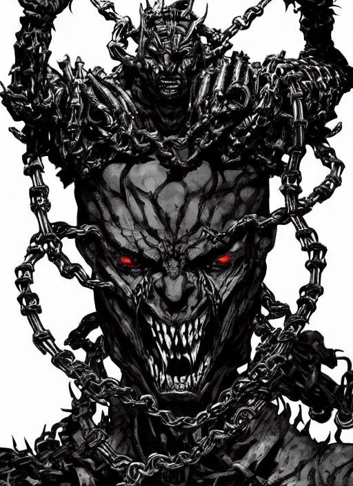 Prompt: scary demon man with twisted face, horns, armour made of chains. in style of yoji shinkawa and hyung - tae kim, trending on artstation, dark fantasy, great composition, concept art, highly detailed, dynamic pose.